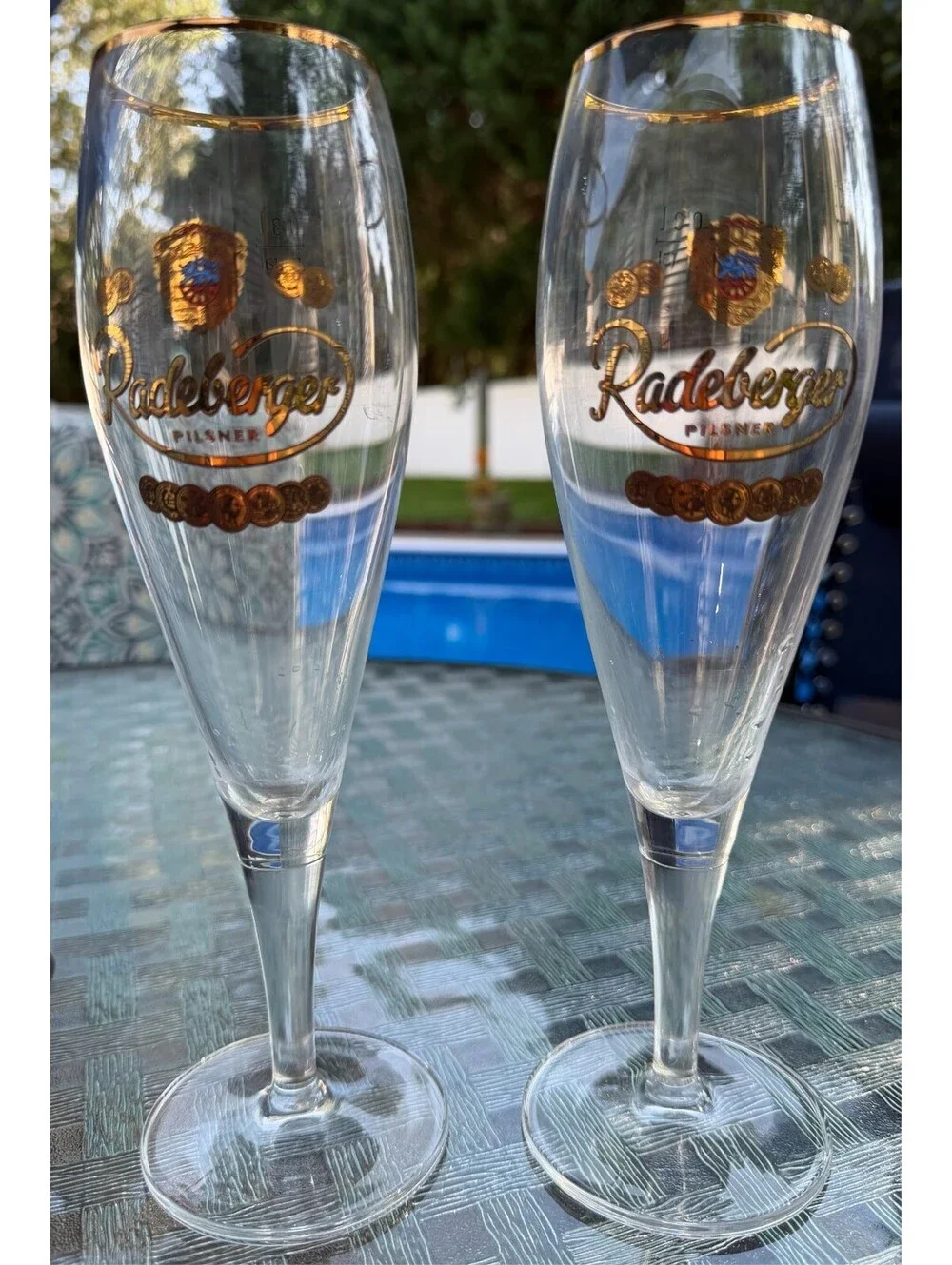 Vintage Radeberger Pilsner Stemmed Beer Glasses Set of 2 Gold Rim & Crest Logo